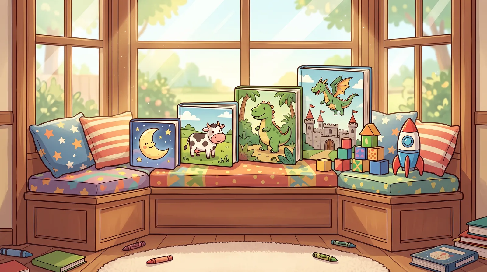 Picture books arranged from small to tall on a sunny window seat