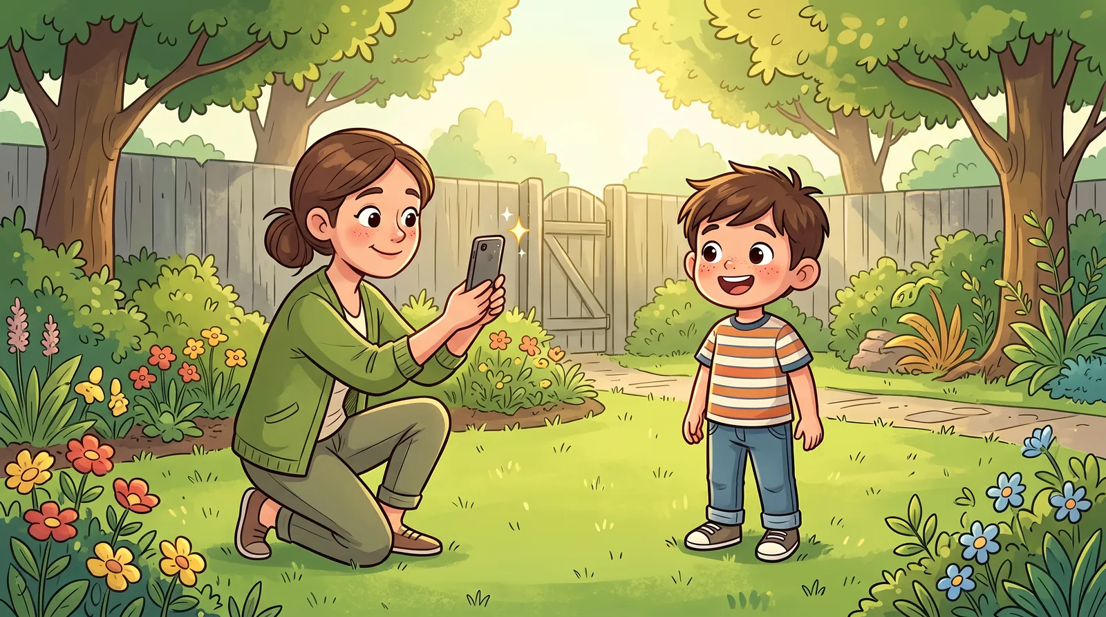 A grown-up photographing a smiling child in soft garden daylight