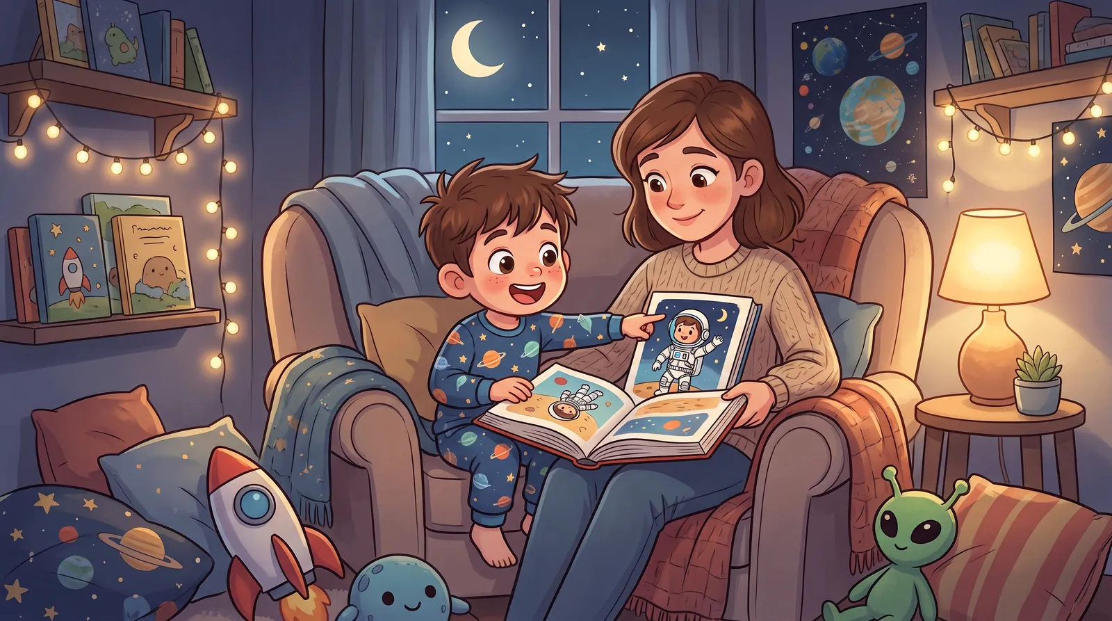 A child on a parent's lap pointing delightedly at a picture book