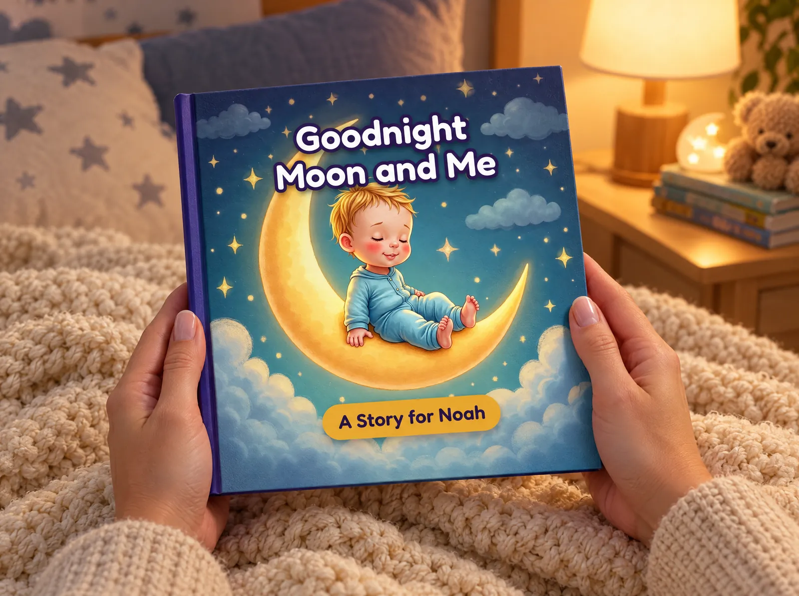 Hands holding Goodnight Moon and Me, “A Story for Noah”, at bedtime