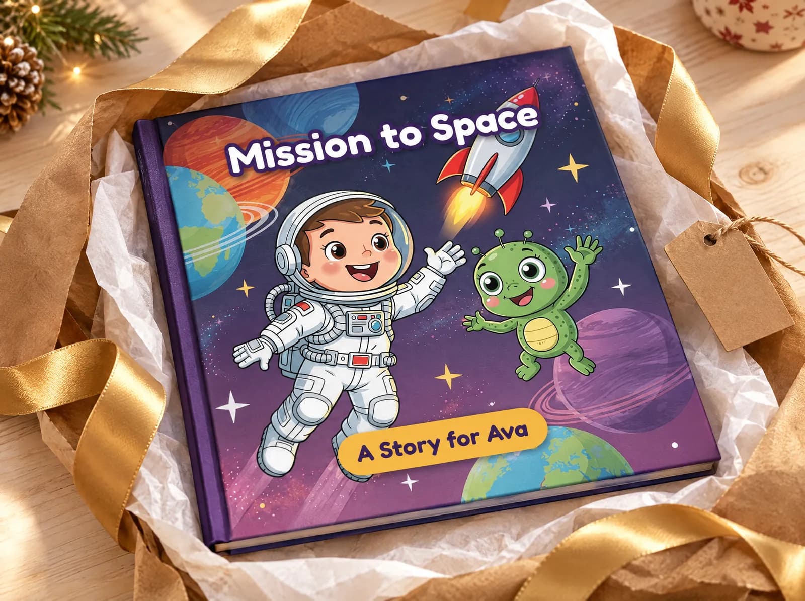 Mission to Space hardcover, “A Story for Ava”, being unwrapped as a gift