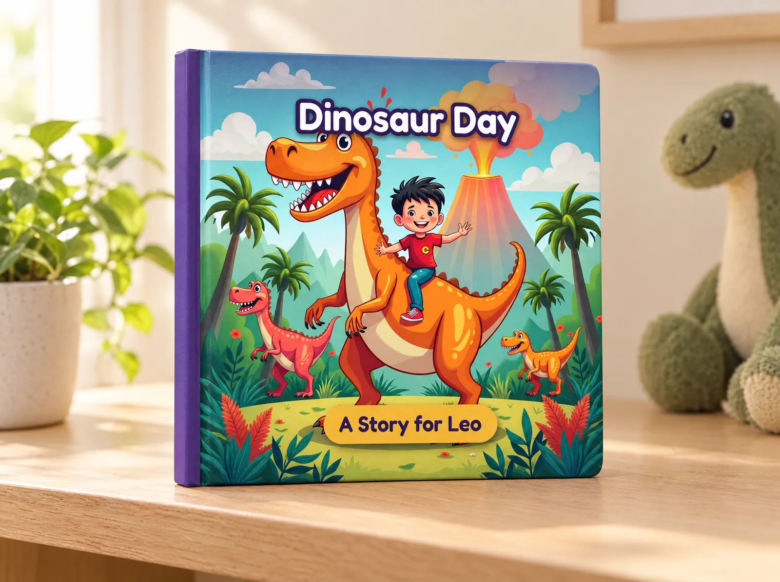 Dinosaur Day hardcover, “A Story for Leo”, standing on a nursery shelf