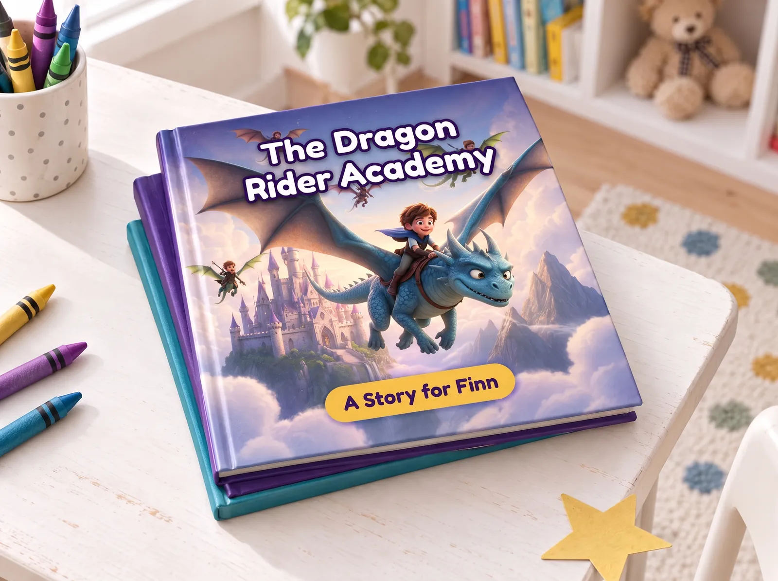 The Dragon Rider Academy, “A Story for Finn”, on a stack of hardcovers